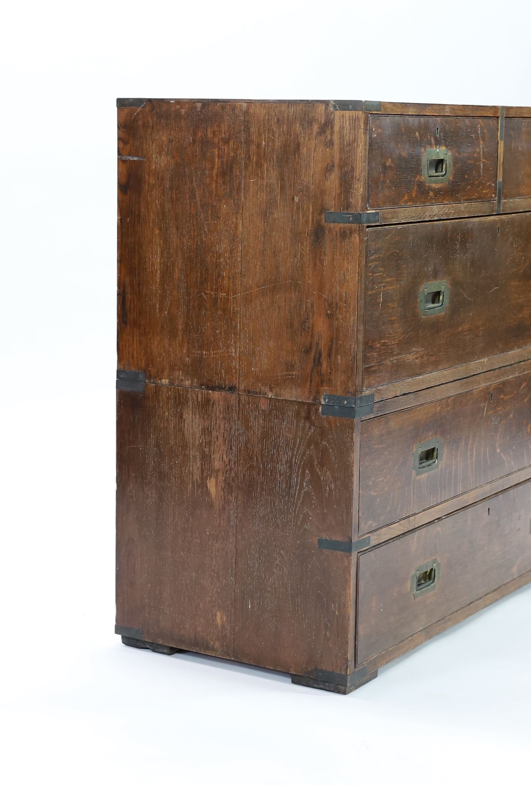 A late Victorian brass bound oak campaign chest, W.99cm D.45cm H.91cm